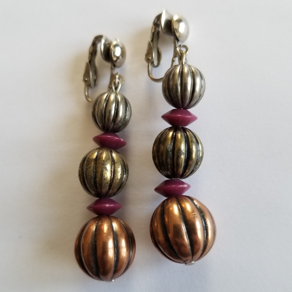 Vintage earrings beaded clip on silver gold copper color